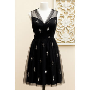 Leena For Macduggal Black Formal Black Beaded Mesh Cocktail Dress LBD Party